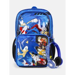 Sonic the Hedgehog Mochila de 17", Lonchera y Set de Audífonos, 3 Piezas, Azul